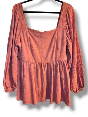 🌸 ChicSoul Coral Textured Babydoll Blouse 2X Puff Sleeve Boho Top